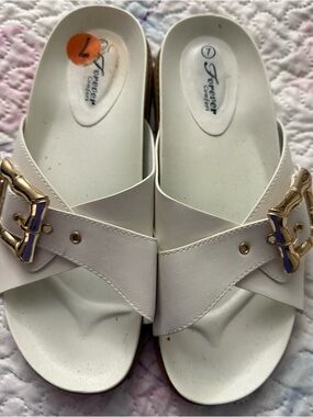 Forever comfort White Slip-On Mules with Gold Buckle Accent